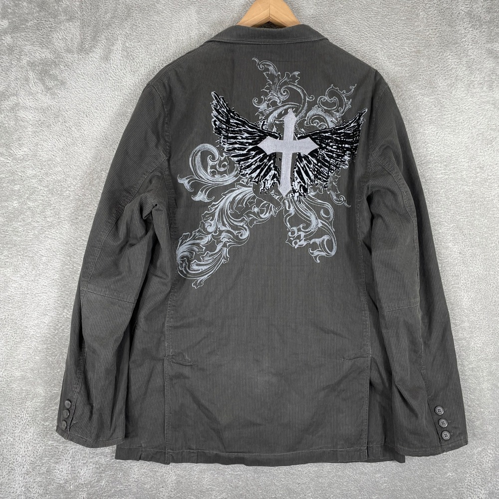 Pop Icon Corduroy Blazer Mens Large Grey Winged Cross Embroidered Y2K Grunge